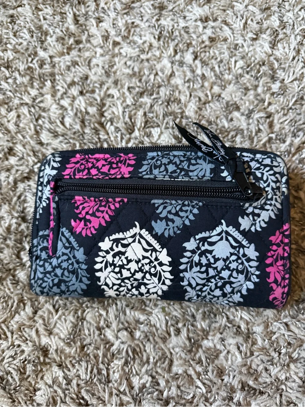 Vera Bradley Black Quilted Wallet with Pink & Gray Floral Medallions